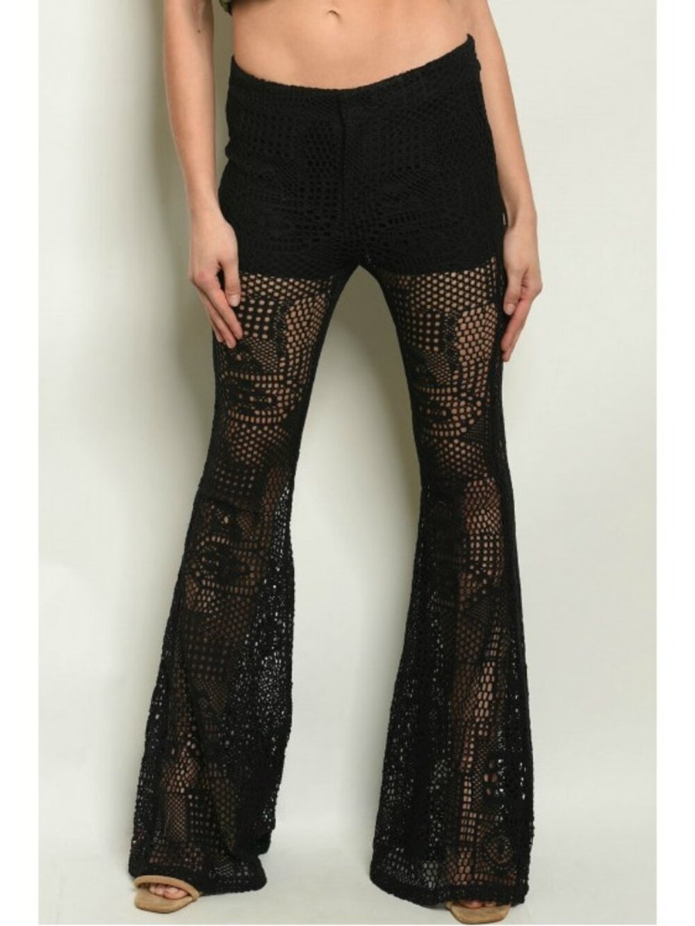 Ark & Co Black Crochet Low Rise Flare Leg Pants Size M